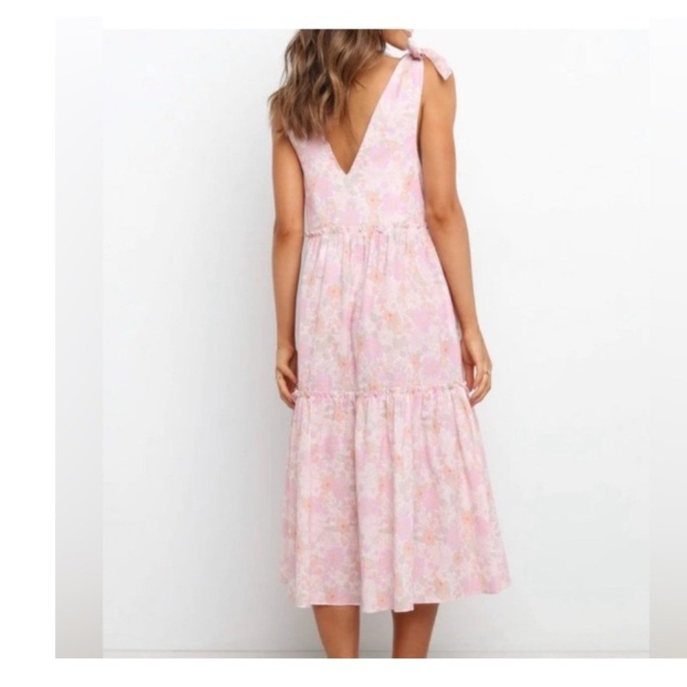 Petal + Pup Erenda Pink Floral Tiered Midi Dress Tie Shoulder Cotton Ramie Sz 6 - Picture 2 of 12